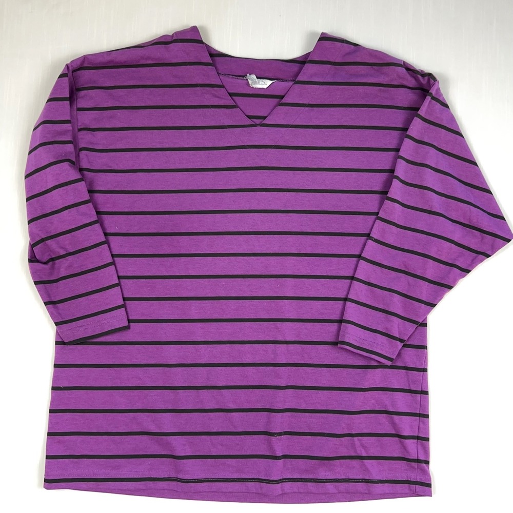 Honors Plus Vintage Purple Black Striped V-Neck Long Sleeve Top Womens Plus Size